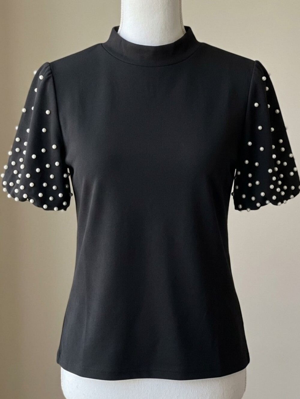 Express Black Mock Neck Pearl Embellished Puff Sleeve Top - Small NWOT